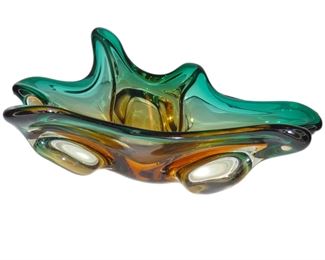 Hand blown 1950's Bohemian cased glass decorative centerpiece from Czechoslovakia, with beautiful amber and green colors and unique shape points. It has a resale auction value of $80-$120. Retail appraisal, up to $200.