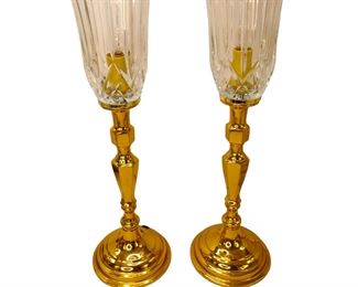 Set of 2** - 1940s Brass Hurricane Style Lamps with brass stems. The shade is cut glass and it is good quality and in good condition. Tested & Works. It has a resale auction value of $100-$200. Appraised at up to $400 retail.