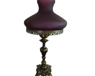Solid Brass Table Lamp w/ Amethyst / Cranberry Glass Victorian Parlor Lamp Electric Lamp w/ Pierced Skirting* & Glass Chimney Size -24" Tall Good Condition Appraised for $295- $395 USD.