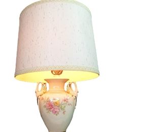 Hand painted table lamp, urn style, vase style, Asian style. Swan or Goose neck handles. Flower motif w/ Gold trim Appraised at $125
