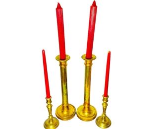 Four Vintage Heavy Brass Candle Holders Candlesticks 16” and 8”
Two 16”, two 8”. Includes red candles.