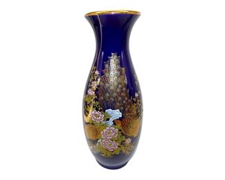 Vintage Black Oriental Porcelain Vase With Flowers & Peacock.