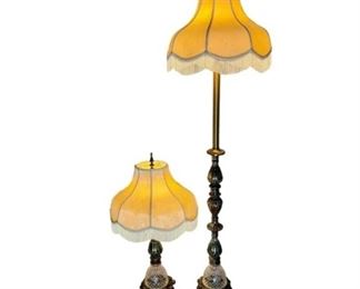 19TH CENTURY STYLE FLOOR AND TABLE LAMPS 
Matching with cut glass stem with aged patina cast brass base. Appraised value $400. Table lamp is 31.5" tall.