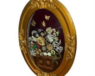 DECORATIVE WALL ART - CAST GILDED FLORAL
Decorative wall art made of cast silvered and gilded metal floral elements on dark red velvet background, mounted in a gilded frame of 19th century style.