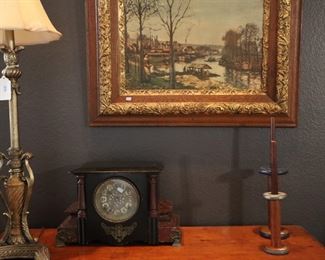 Old clock and wooden candlesticks
