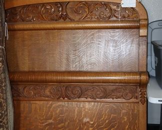 Full size oak bed; headboard, footboard, rails. Free mattress & box springs to fit