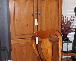 A separate armoire in pine shown with new oak set, 1950s maple rocker