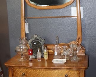 Oak, vintage wash stand with mirror and towel bar