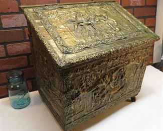 Vintage Victorian Fire Place Kindling Box Brass On Wood