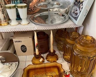 Amber Moon & Star unused cannisters Tiara unused covered candy dish