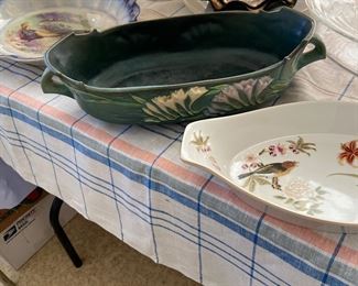 Roseville console bowl, game plate, Fenton silvercrest cake plate
