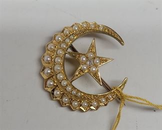 18k star and crescent with seed pearl brooch