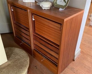 Teak tambour file cabinets