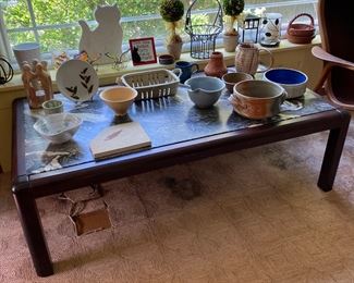 Rosewood marble top coffee table & signed art pottery