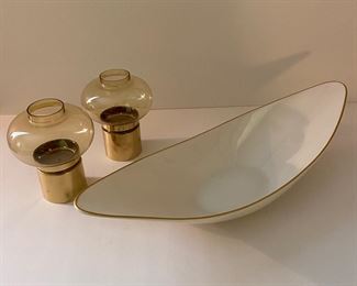 Vintage Lenox bowl & brass & smokey glass votives