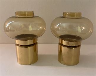 Vintage brass & smokey glass votives