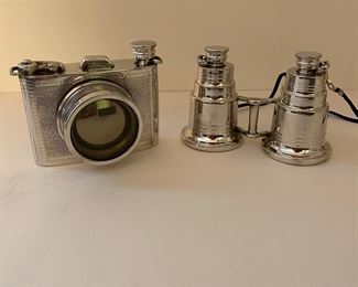 English pewter flasks - camera & binoculars