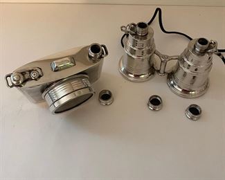 English pewter flasks - camera & binoculars