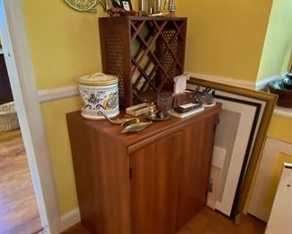 Teak cabinet, wine rack & corkscrews