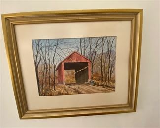 Watercolor of Covered Bridge by Tammer:                   Measures: 22 1/2" wide by 18 1/2" tall [with frame]               