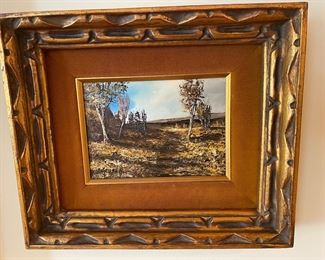 Oil on wood painting by S. Gruber:                                                                           Measures 12" x 10 1/2" (w/ frame)