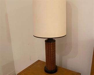 Mid Century Gruvwood Walnut Wood Pattern Table Lamp with Original Matching Shades (2)