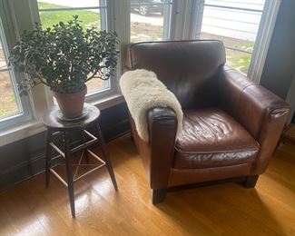 Arhaus Leather Club Chair / Antique Stool