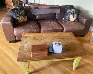 Shabby Chic Leather Sofa / Primitive Coffee Table / Decorator Pillows
