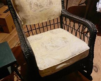 Antique Upholstered Wicker Rocker