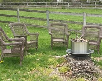 4 Resin Wicker Arm Chairs / Solo Fire Pit (Optional base sold separately)
