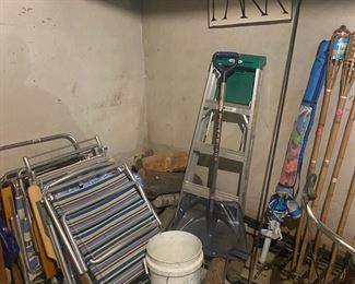 Assorted Outdoor folding chairs / Ladders / Tiki Torches