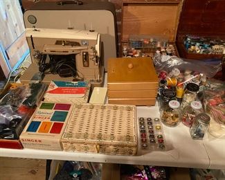 Vintage Singer Slant-O-Matic Sewing Machine, attachments, and notions