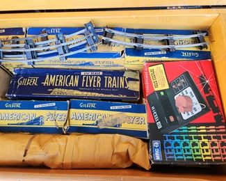 Vintage Train cars, buildings and track (several in container)