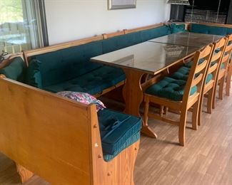 Dining/game table with extended benches and chairs 