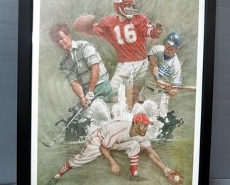 Autographed Sports Legends Of Kansas City Poster, Features Len Dawson, George Brett, Buck O'Neil, And Tom Watson, Signed By All 4 And Artist, With COA
