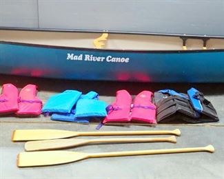 Mad River Canoe Teton Explorer Series Canoe, 16 ft Long, With Paddles, Qty 3, And Life Jackets, Qty 4