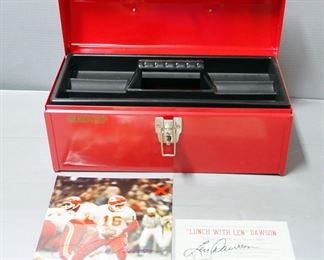 Len Dawson (HOF) Kansas City Chiefs Autographed Tool Box, Autographed Photo With COA, And Autographed Lunch With Len Card