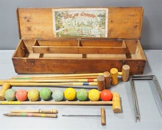 Jew De Croquet Antique Croquet Set Includes Stakes, Balls, And Mallets, In Wood Storage Box