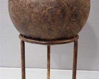 Wood Ball, Possibly Bocce Ball, Approx 6 lbs, Approx 6" Diameter, On Metal Stand