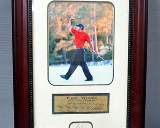 Tiger Woods Grand Slam Champion Photo With Plaque And Signature, Framed Under Glass, 16" Wide x 23" High