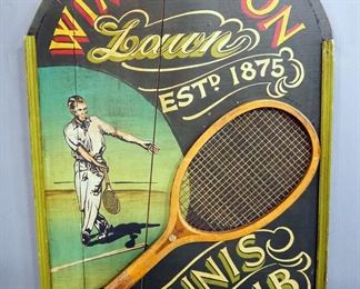 Wimbledon Lawn Tennis Club Wood Sign With Vintage Racket, 35.5" High x 23.75" Wide