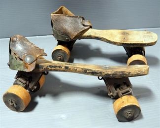 Union Hardware Co Metal Roller Skates With 1876 Last Patent Date, And Antique Wood Roller Skates