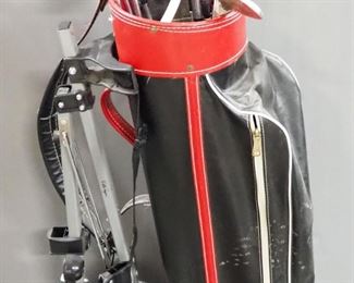 Arnold Palmer Golf Clubs, Qty 11, In Golf Bag, On Walter Hagen Golf Caddy
