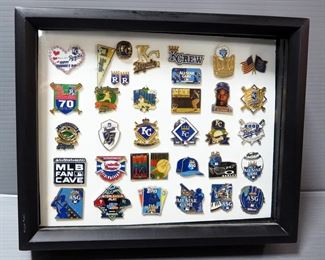 Kansas City Royals Pin Collection, Includes Approx 35 Pins In Framed Shadow Box