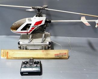 Kyosho Concept 30 RC Helicopter, Remote Control In Metal Case, And Heli-Max Sport Blades, Unknown Working Condition
