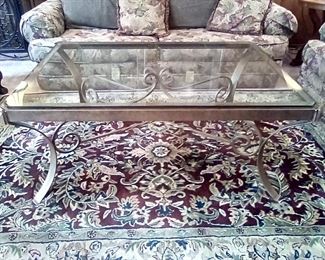 Large glass top coffee table (yes, the rug is for sale)