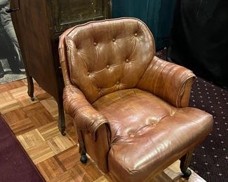 Vintage Leather Armchair on Wheels