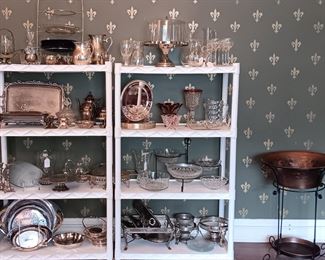 Lots of silver plate serving pieces, pattern glass