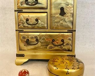 Gold Lacquer Jewelry Box with small round box