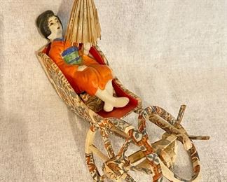 Vintage Porcelain Asian Doll with Cart. (needs repair)